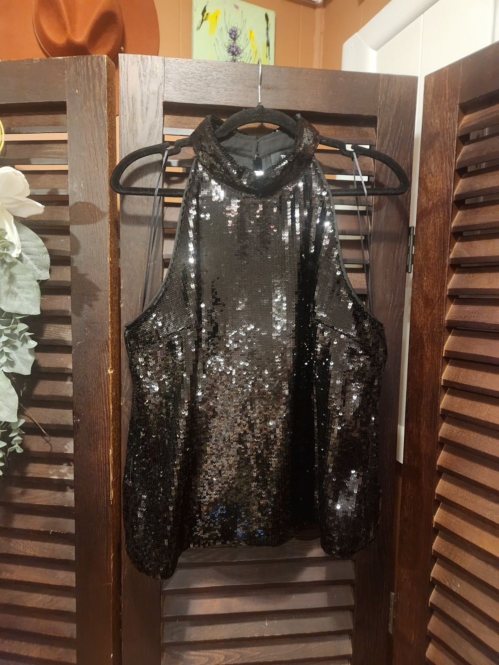 Theory Black Sequin Halter Top